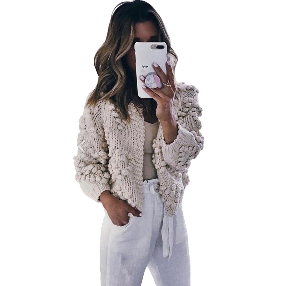 Chicwish Ivory Heart Pom Pom Chunky Knit Cardigan Sweater White Wool‎ Blend S/M